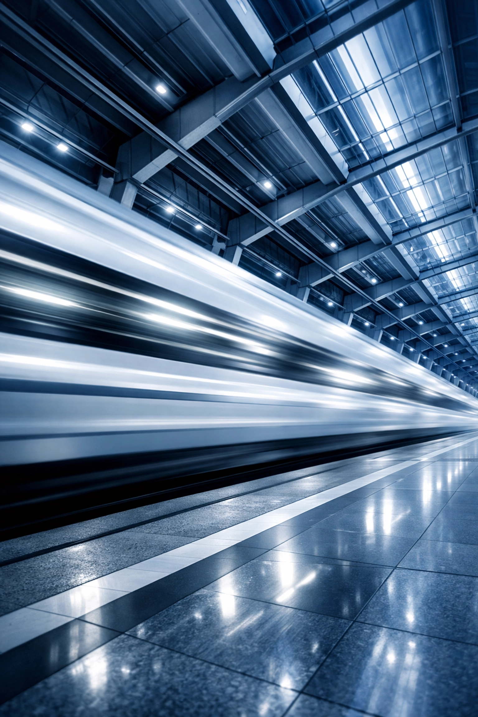High-speed train blurred through a modern station, depicting fast access to working capital.