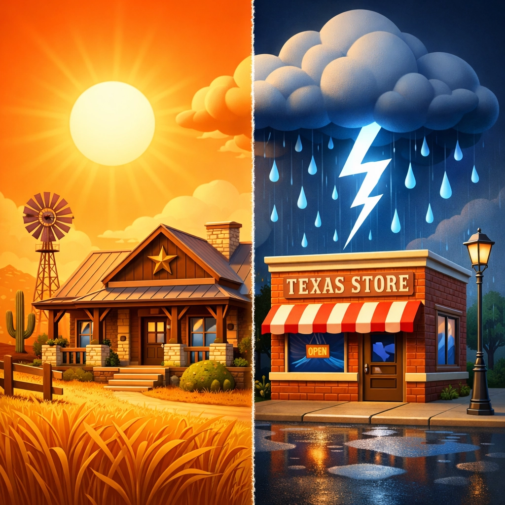 Illustration of a Texas house and business facing extreme heat and storms to show property insurance climate risks.