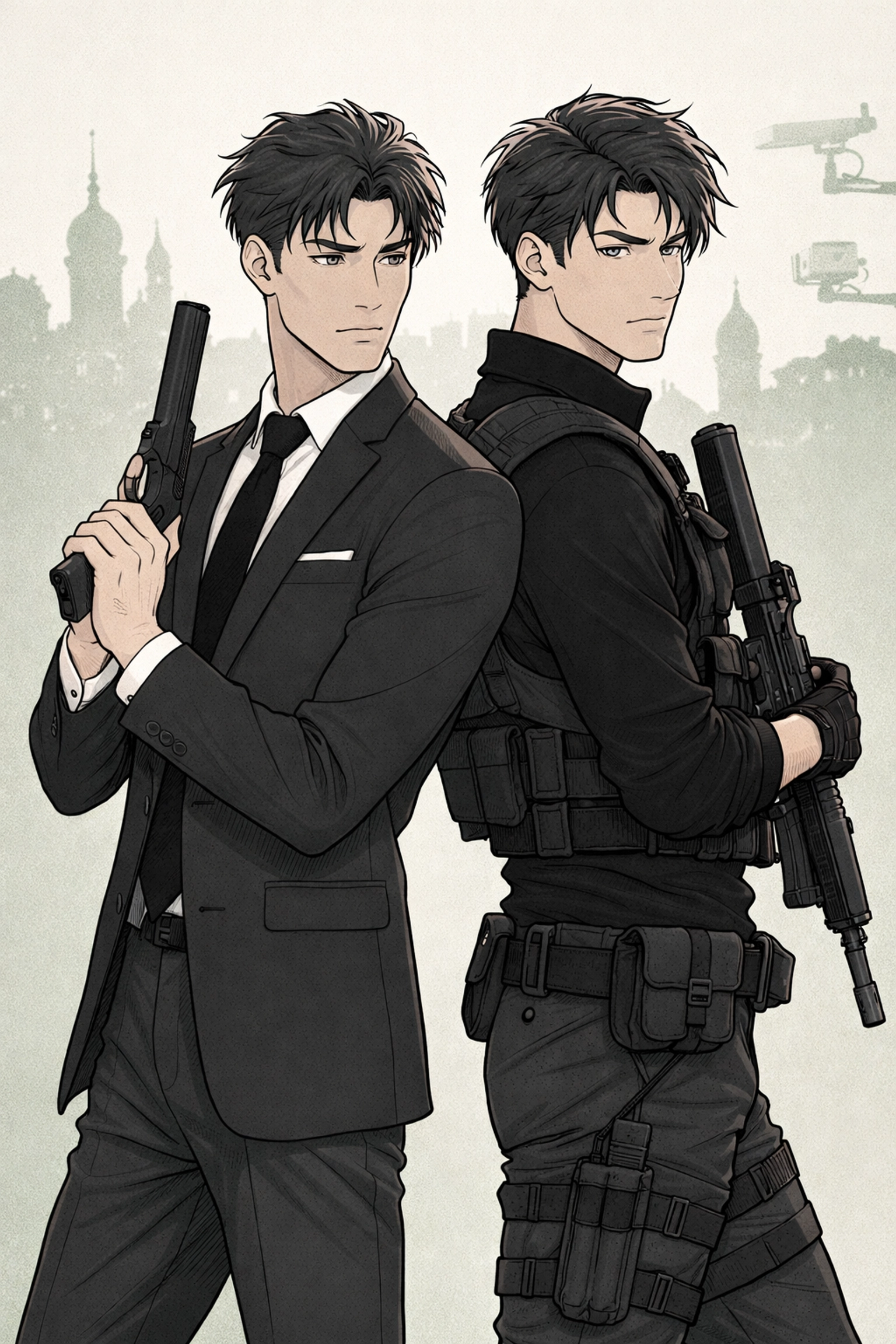 Two male spies standing back-to-back with tension, highlighting MM romance and espionage in Code Name: Sapphire.