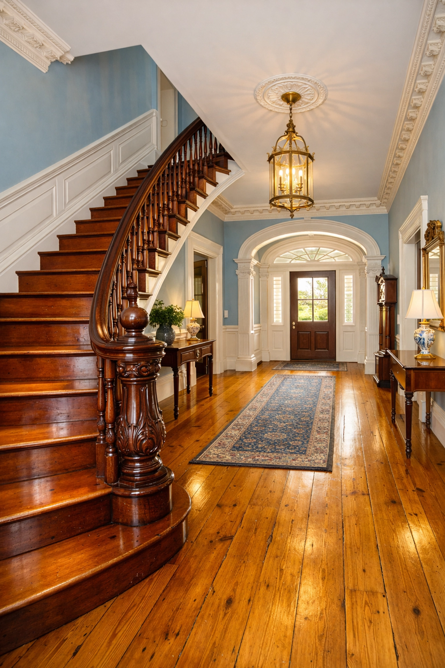 Gleaming wide-plank wood floors in a grand Concord historic estate foyer, professionally cleaned.