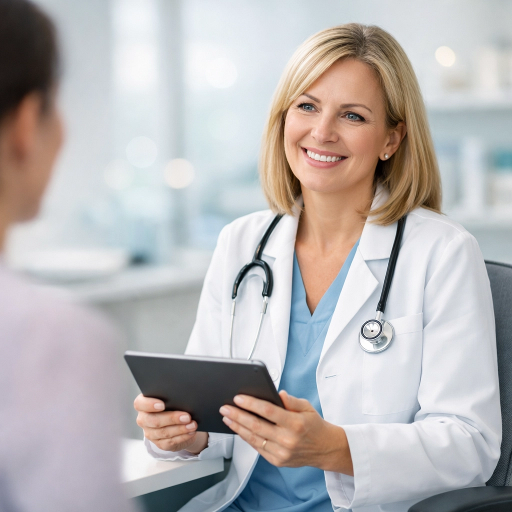 Physician using AI clinical documentation software on a tablet during a patient encounter.