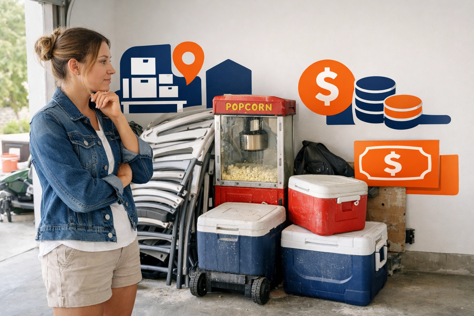 Woman viewing a cluttered garage filled with stored party supplies like folding chairs and coolers.