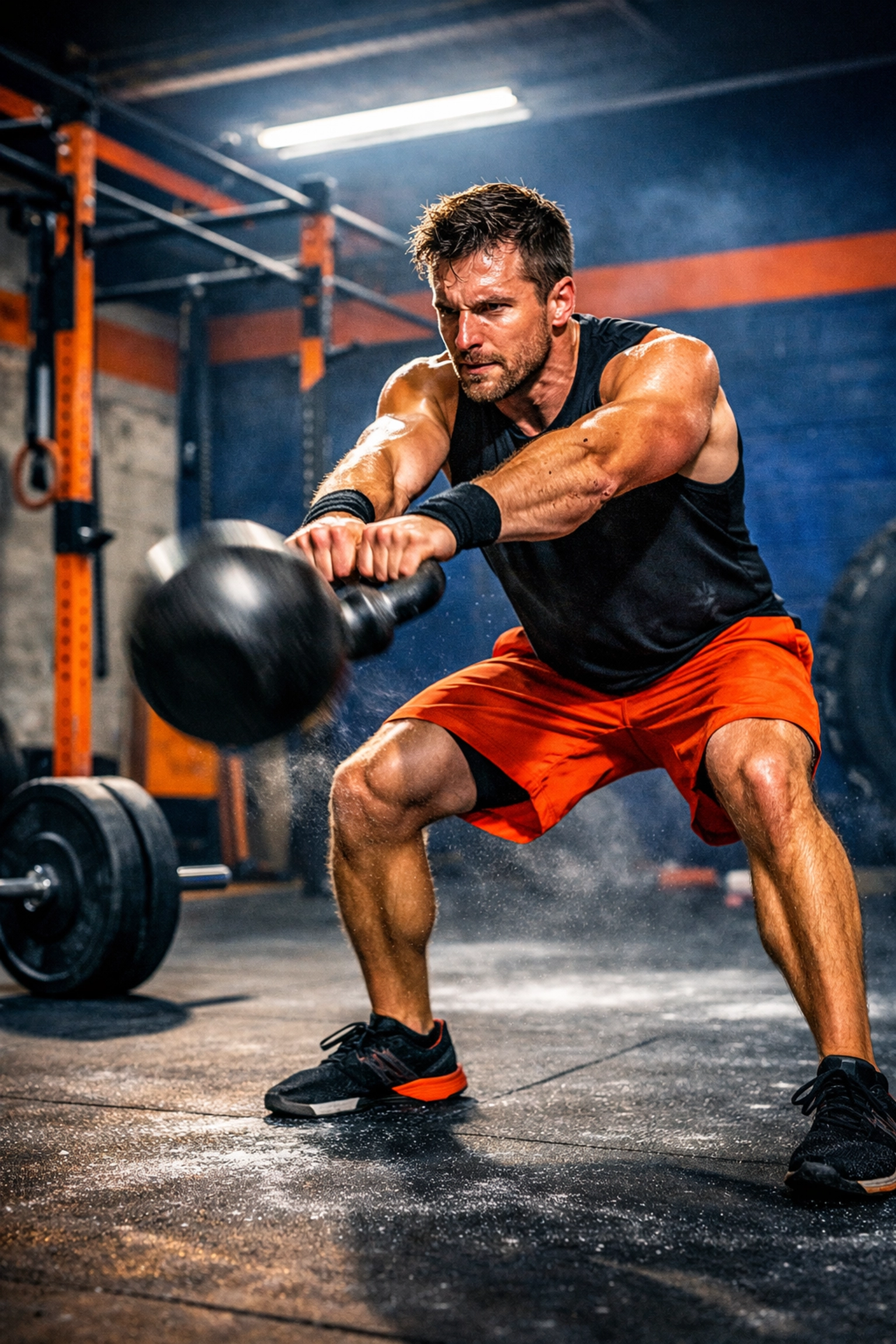 Explosive kettlebell swing workout in a CrossFit home gym with professional resistance gear.