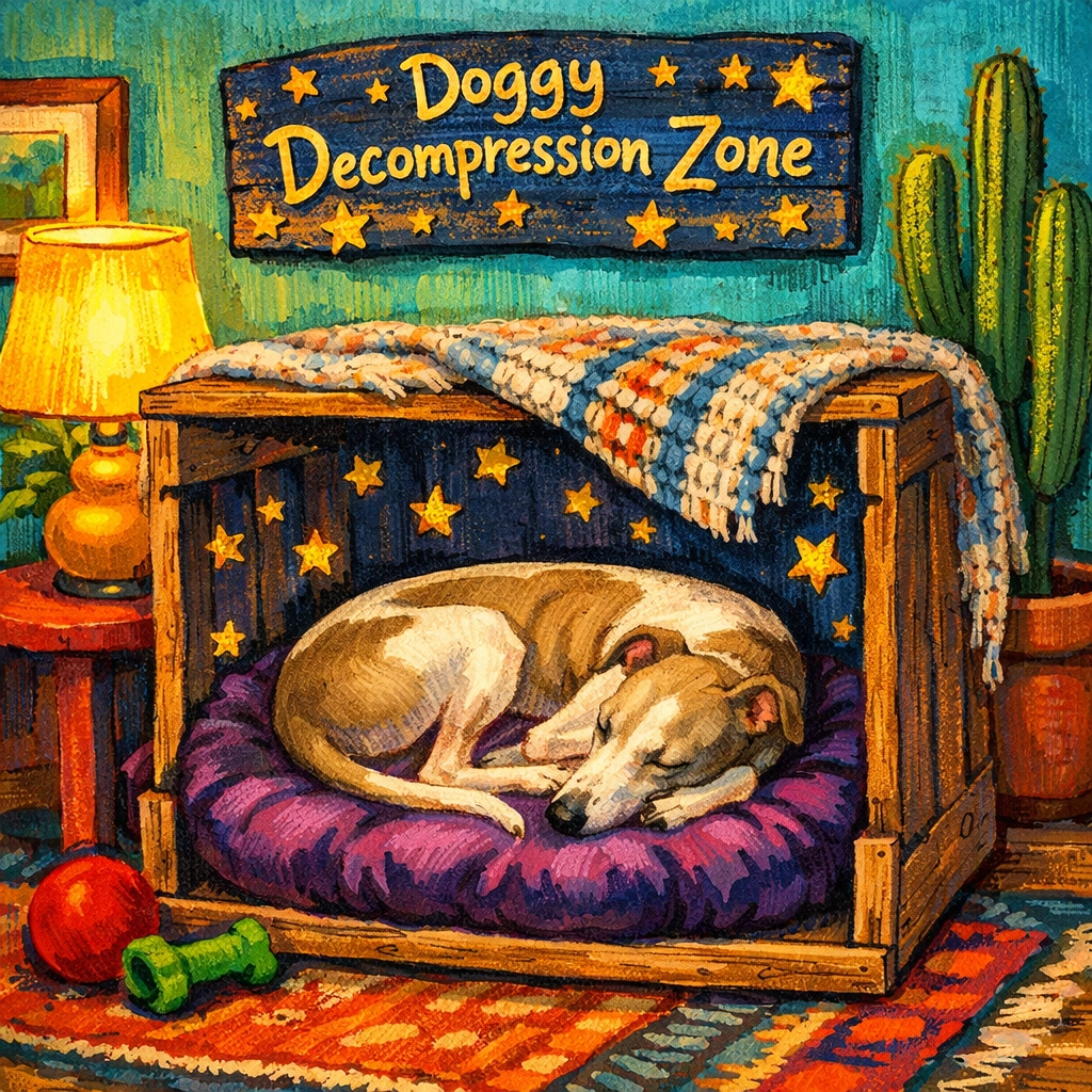 A Greyhound resting in a cozy home setup, showing how to prepare for dog fostering near me.