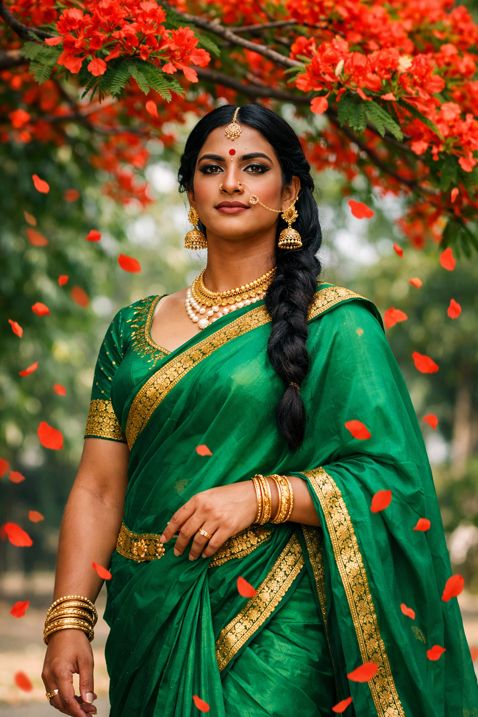 South Asian non-binary individual in a vibrant sari, symbolizing the strength and resilience of the Hijra community.