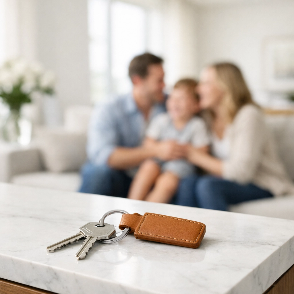 House keys on a table with a family in the background symbolizing financial legacy.
