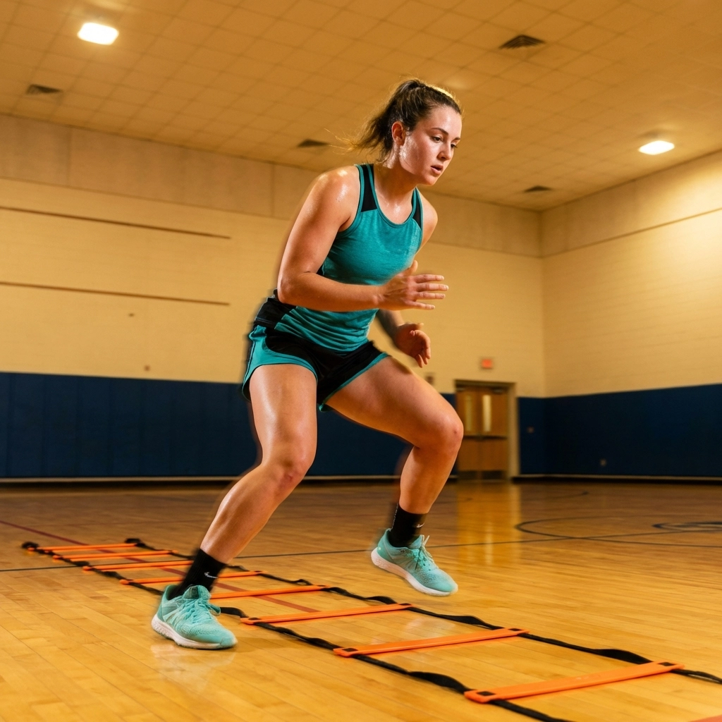 Female athlete practicing lateral agility drills on an indoor speed ladder for improved coordination