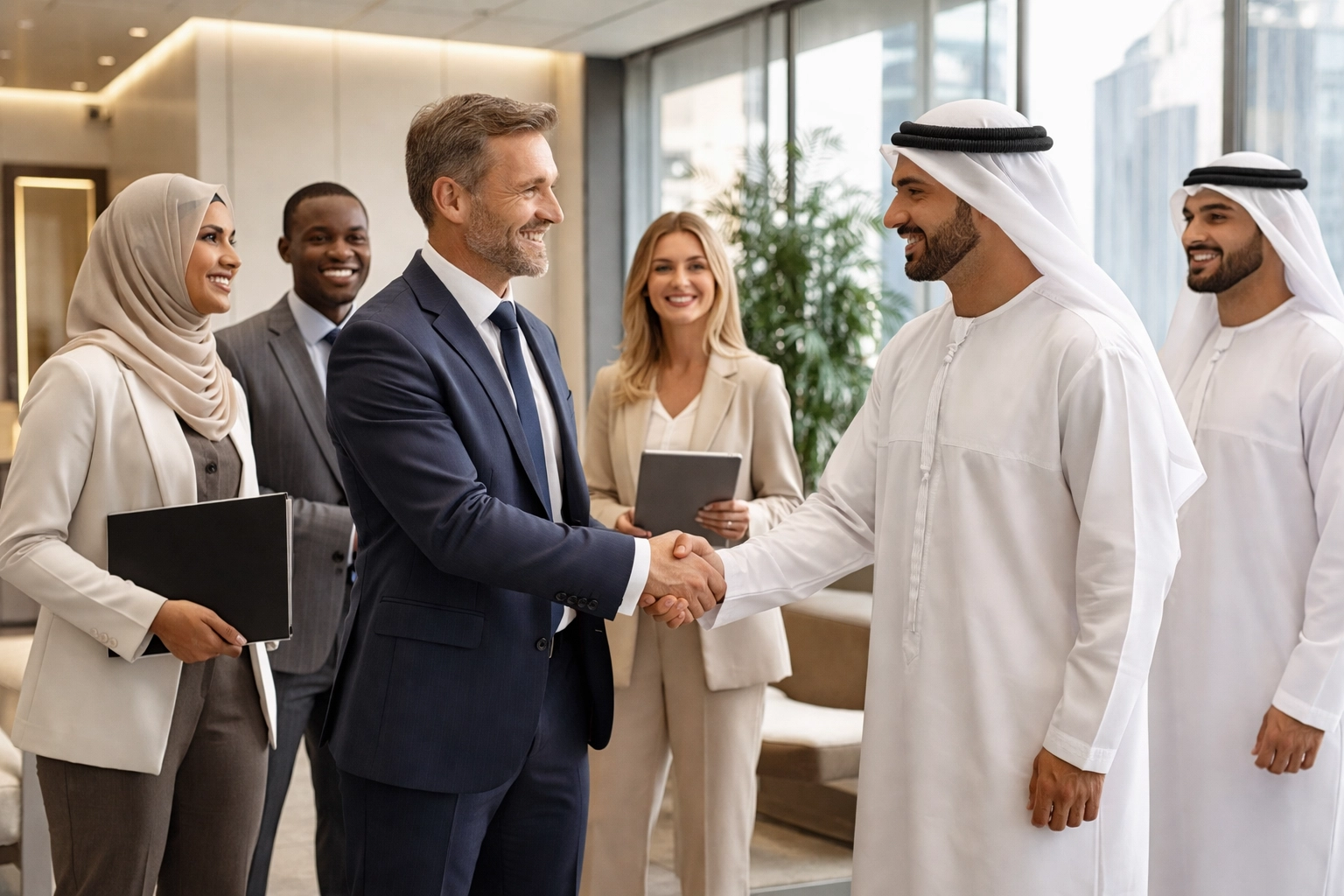 Business professionals closing a deal in a modern Middle Eastern office, reflecting partnership and M&A activity