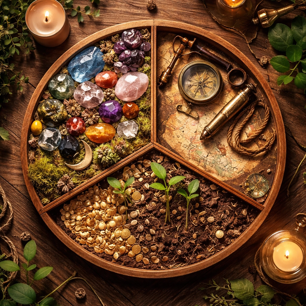 A circular board divided into sections with gemstones, compass, and seeds visually explains diversification roles in the 40/30/30 framework.