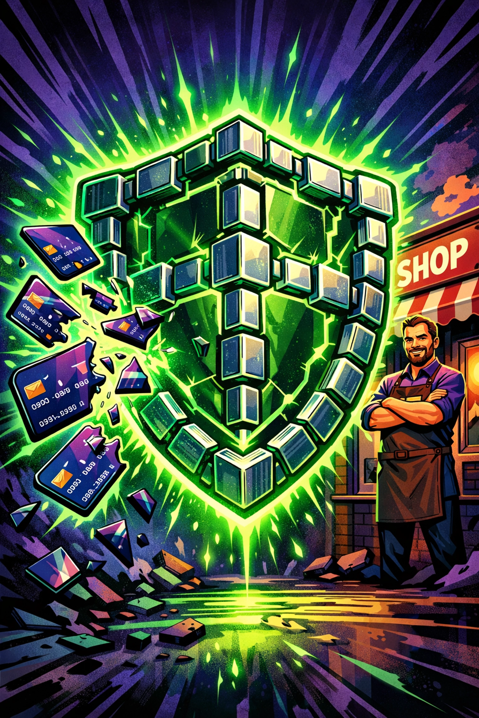 Blockchain security shield protecting independent merchant from chargeback fraud