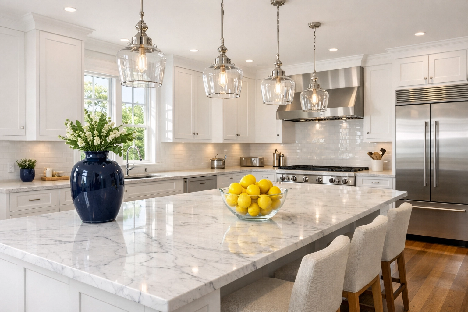 Sparkling clean luxury kitchen in Lincoln, Massachusetts, showcasing professional deep cleaning results.