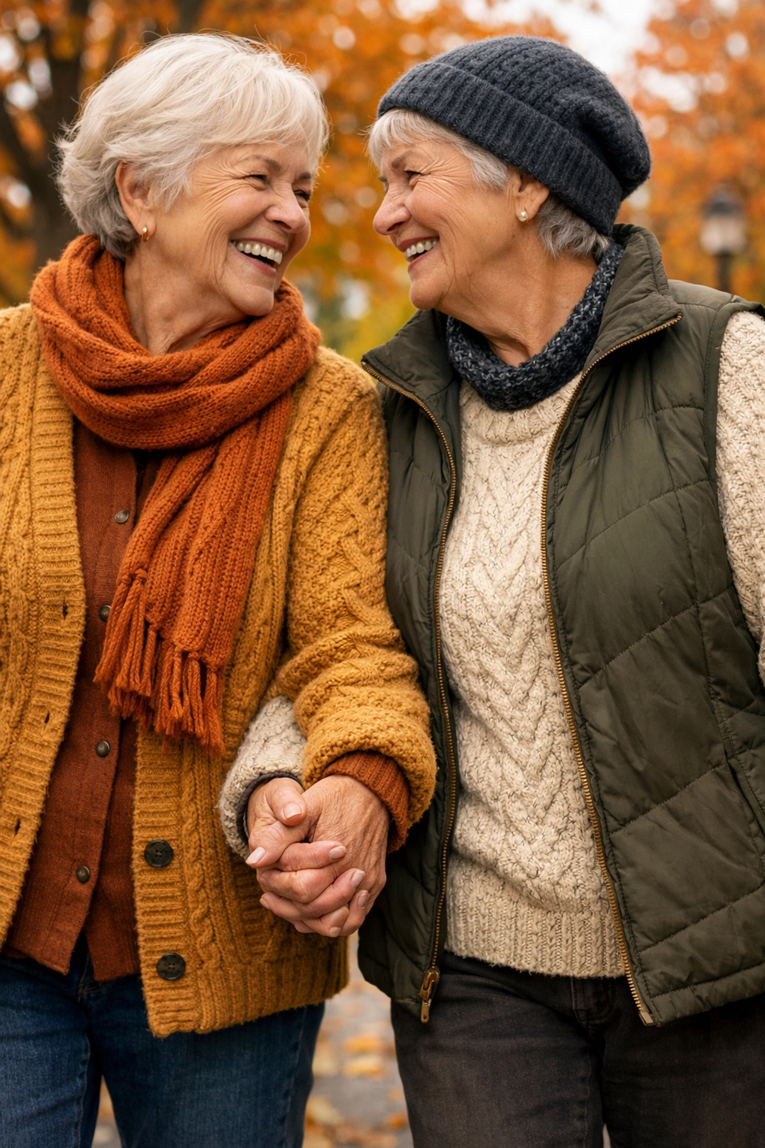 A senior lesbian couple walks hand-in-hand in a park, showcasing queer visibility and lifelong partnership.