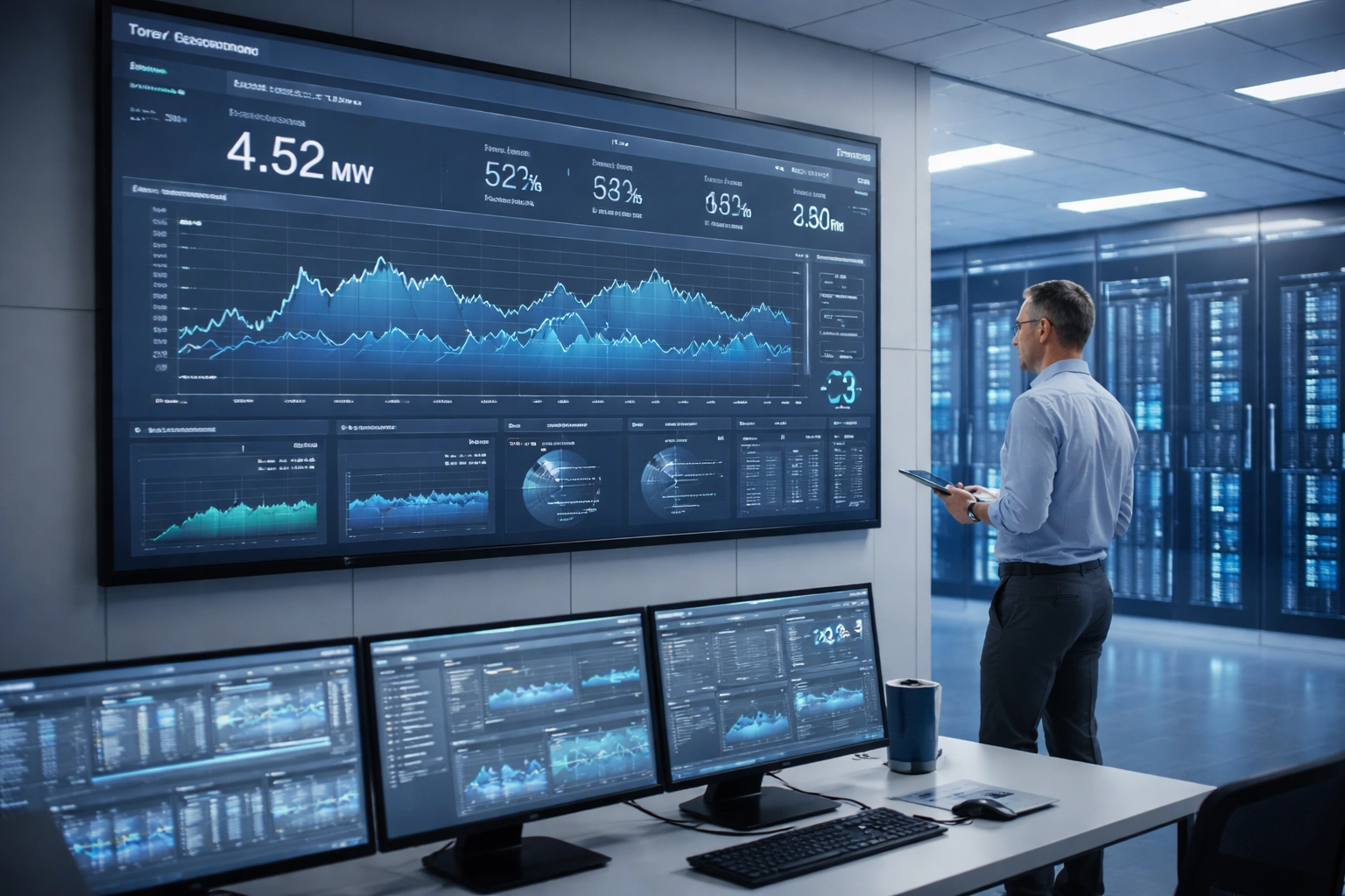 Facility manager reviews energy usage graphs in a modern data center, illustrating peak shaving strategy for lowering electricity bills