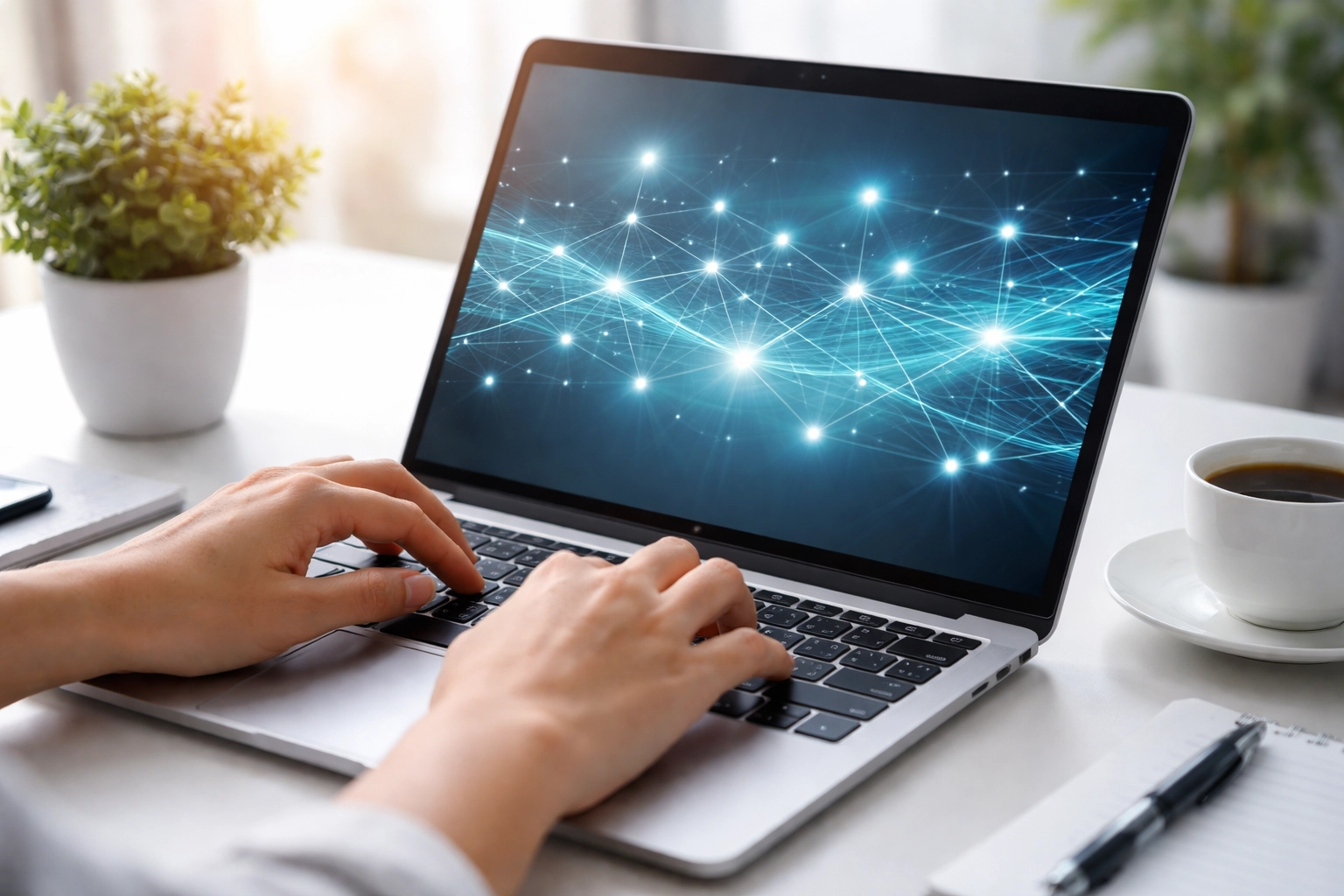 Hands typing on a laptop with network visuals, symbolizing efficient digital workflows and optimized cloud operation management