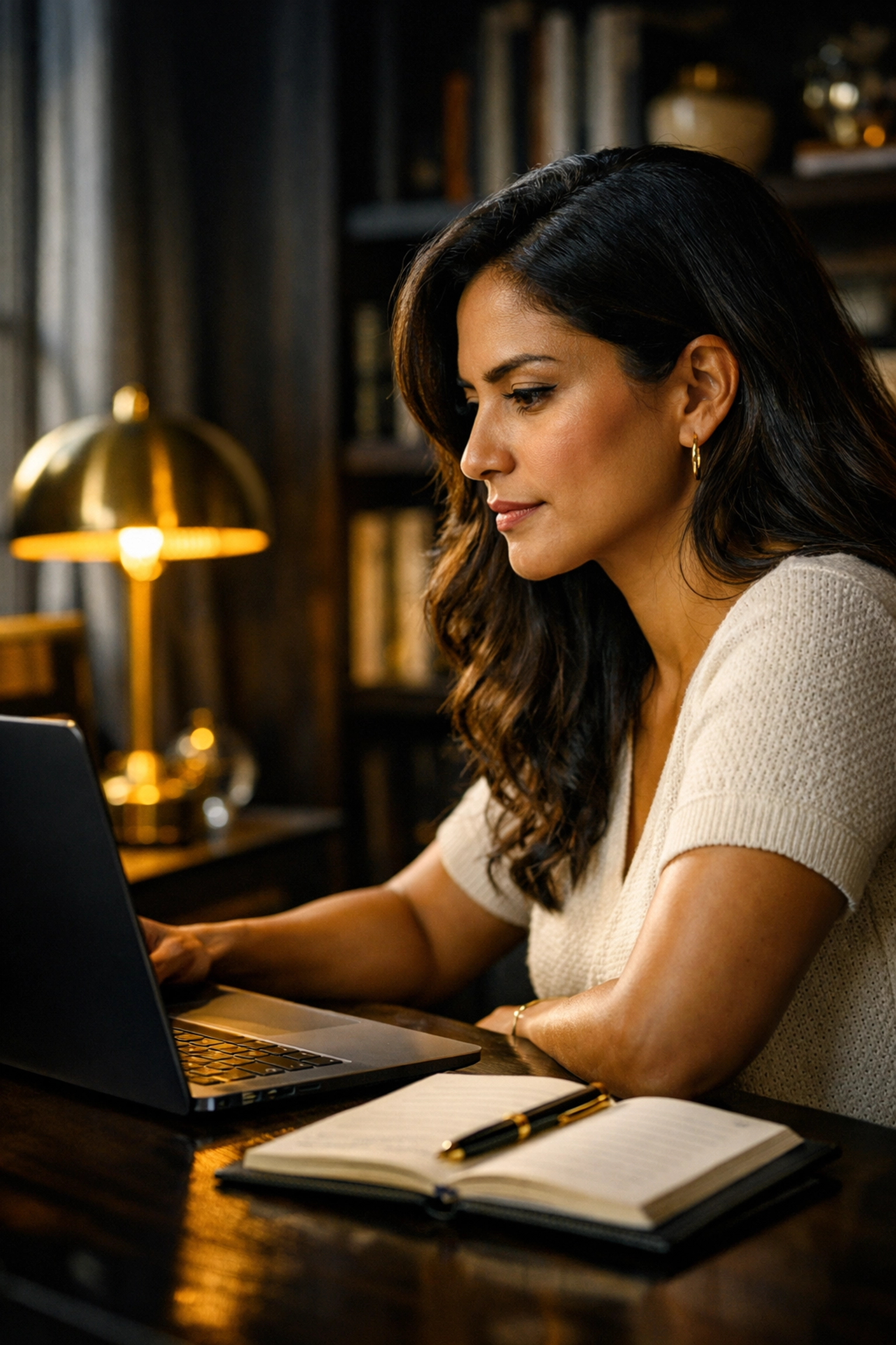 Latina professional working from a home office, representing remote work flexibility and sustainable growth.
