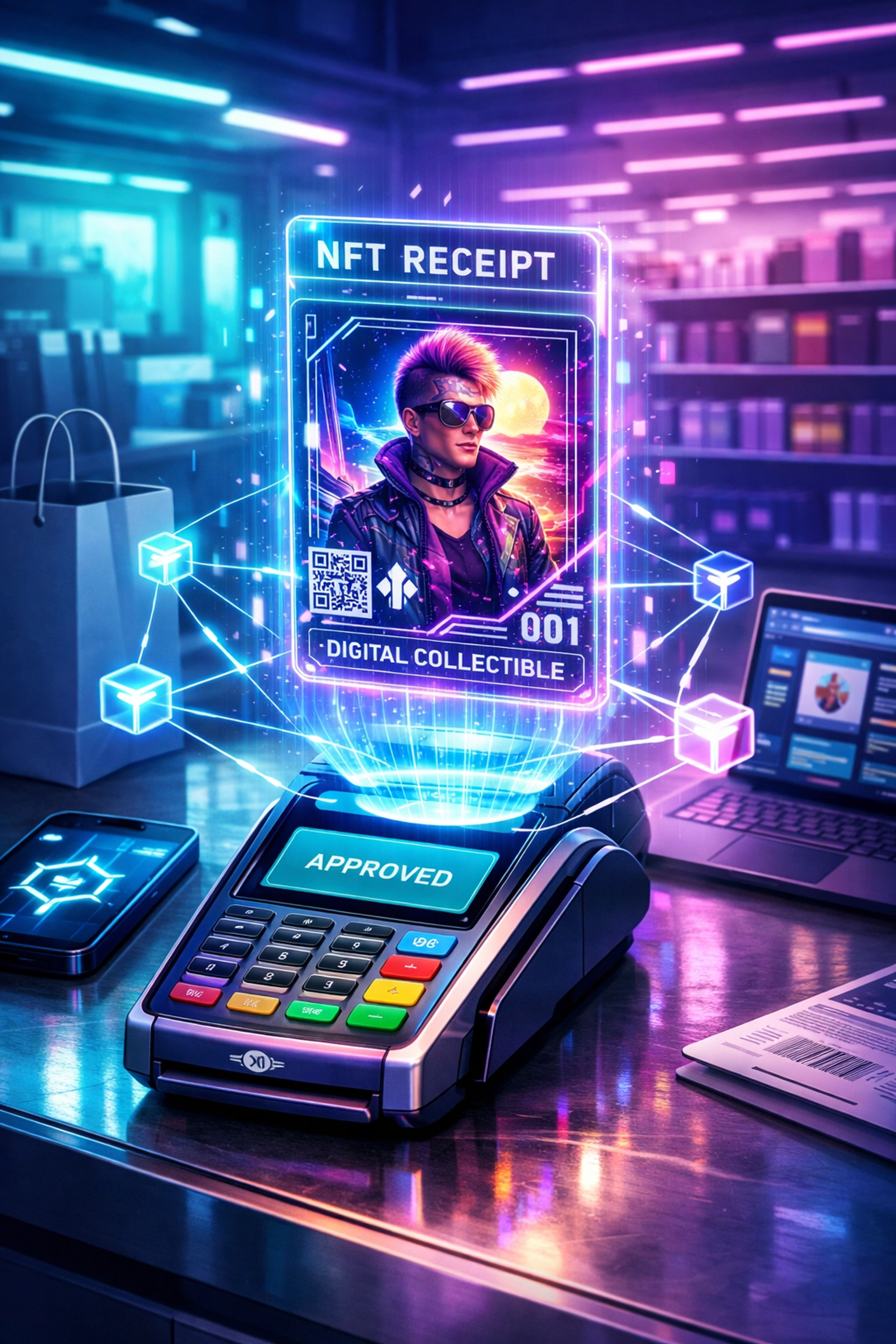 NFT receipt at crypto POS checkout transforming into collectible digital artwork