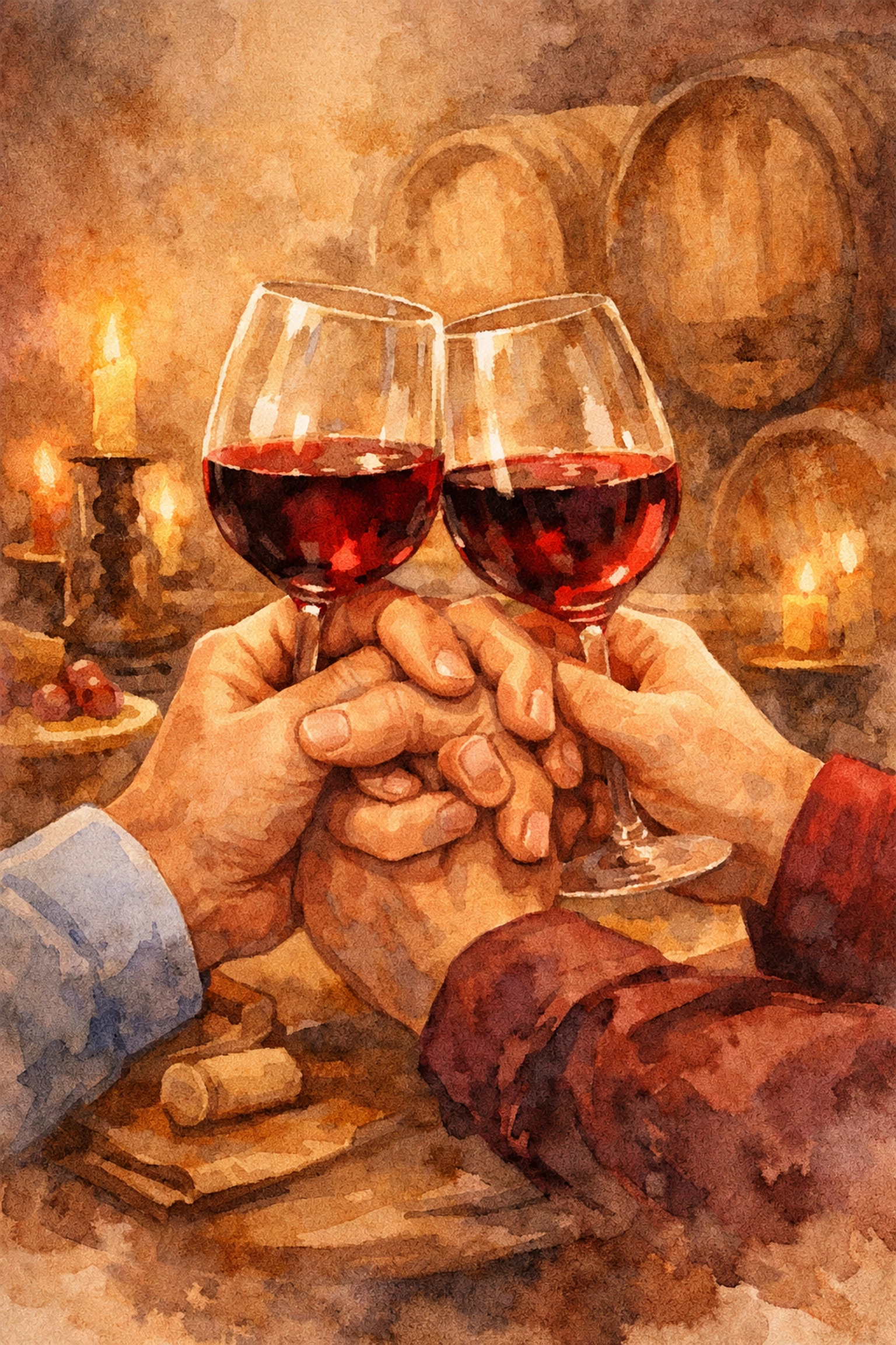 Two men holding hands and toasting with wine glasses in romantic cellar
