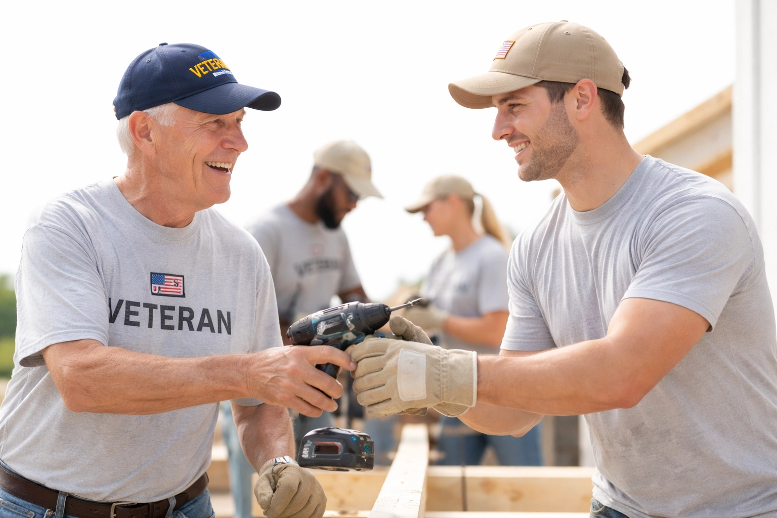 Veterans from different generations working side by side on a community project, fostering teamwork.