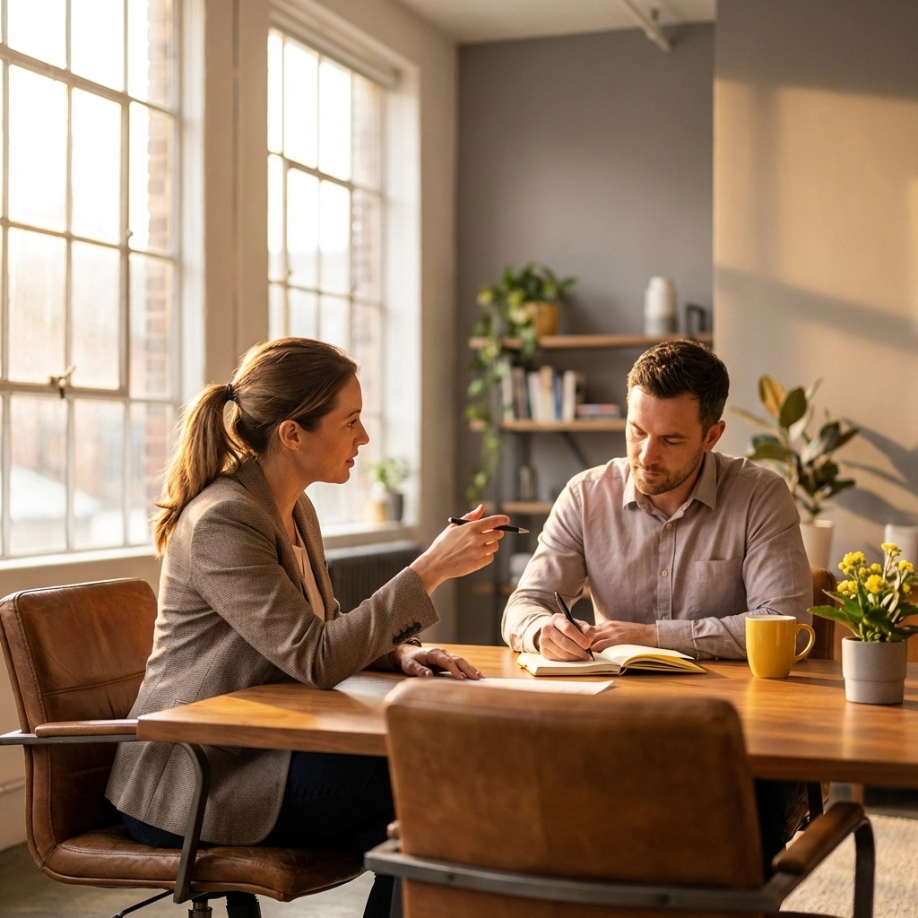 Business coach mentoring an MSP owner one-on-one in a modern office, illustrating personalized coaching for MSP growth.