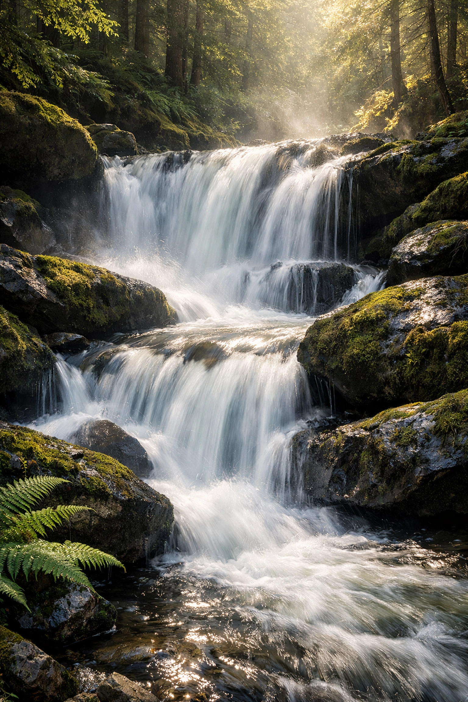 Long exposure water photography of a forest waterfall featuring professional photo editing highlights.