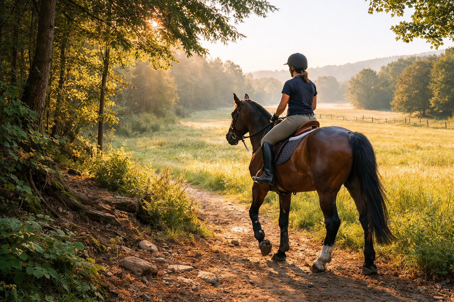 Horse and rider on wooded trail near Charlotte equestrian properties