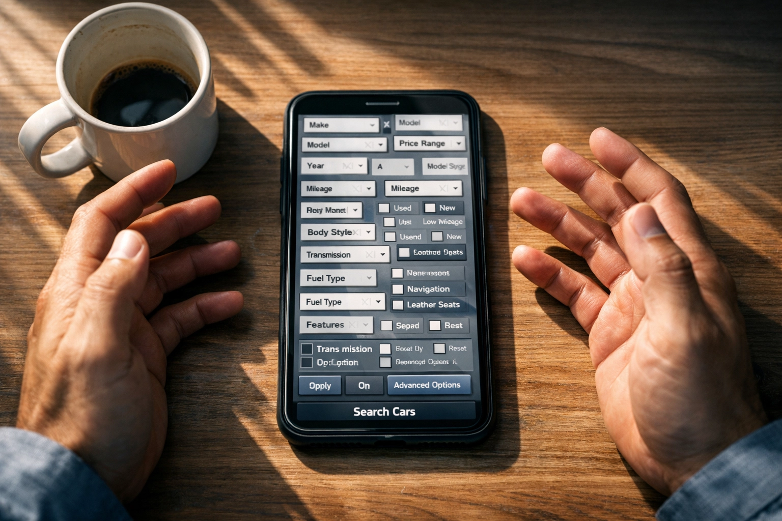 Frustrated user facing cluttered car shopping app interface with overwhelming filter options