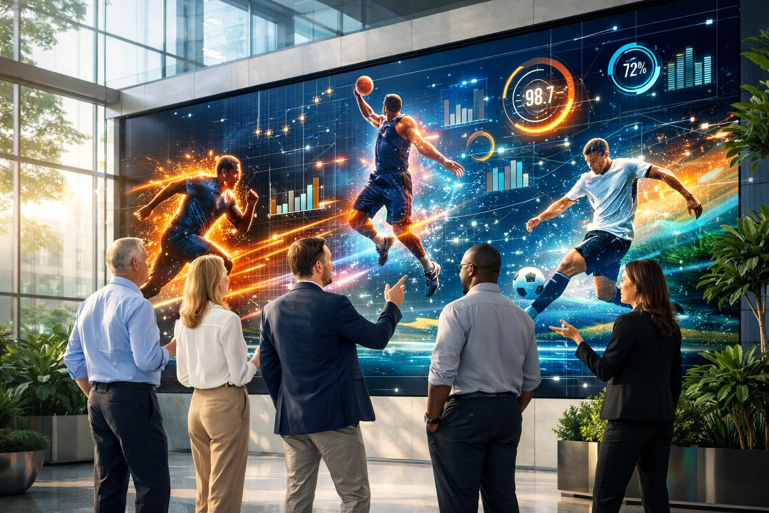 Executives viewing interactive digital sports displays at a Super Bowl corporate branding event.