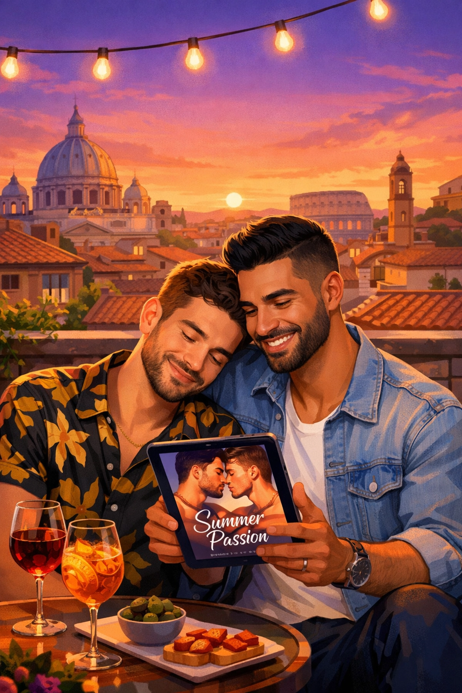 A gay couple relaxes on a Rome terrace at sunset, reading modern LGBTQ+ ebooks together.