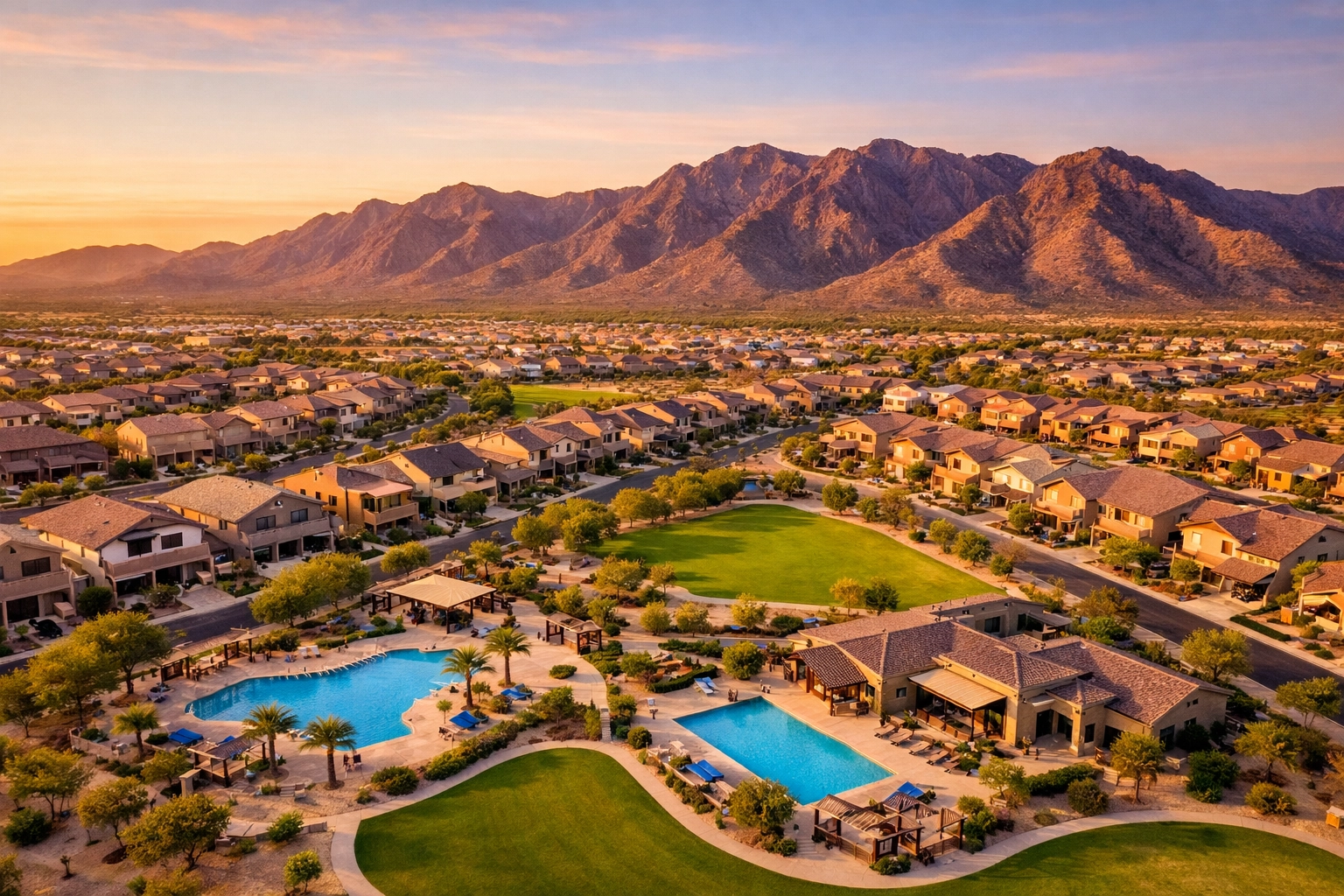 Aerial view of modern Buckeye Arizona neighborhoods near the White Tank Mountains at sunset.