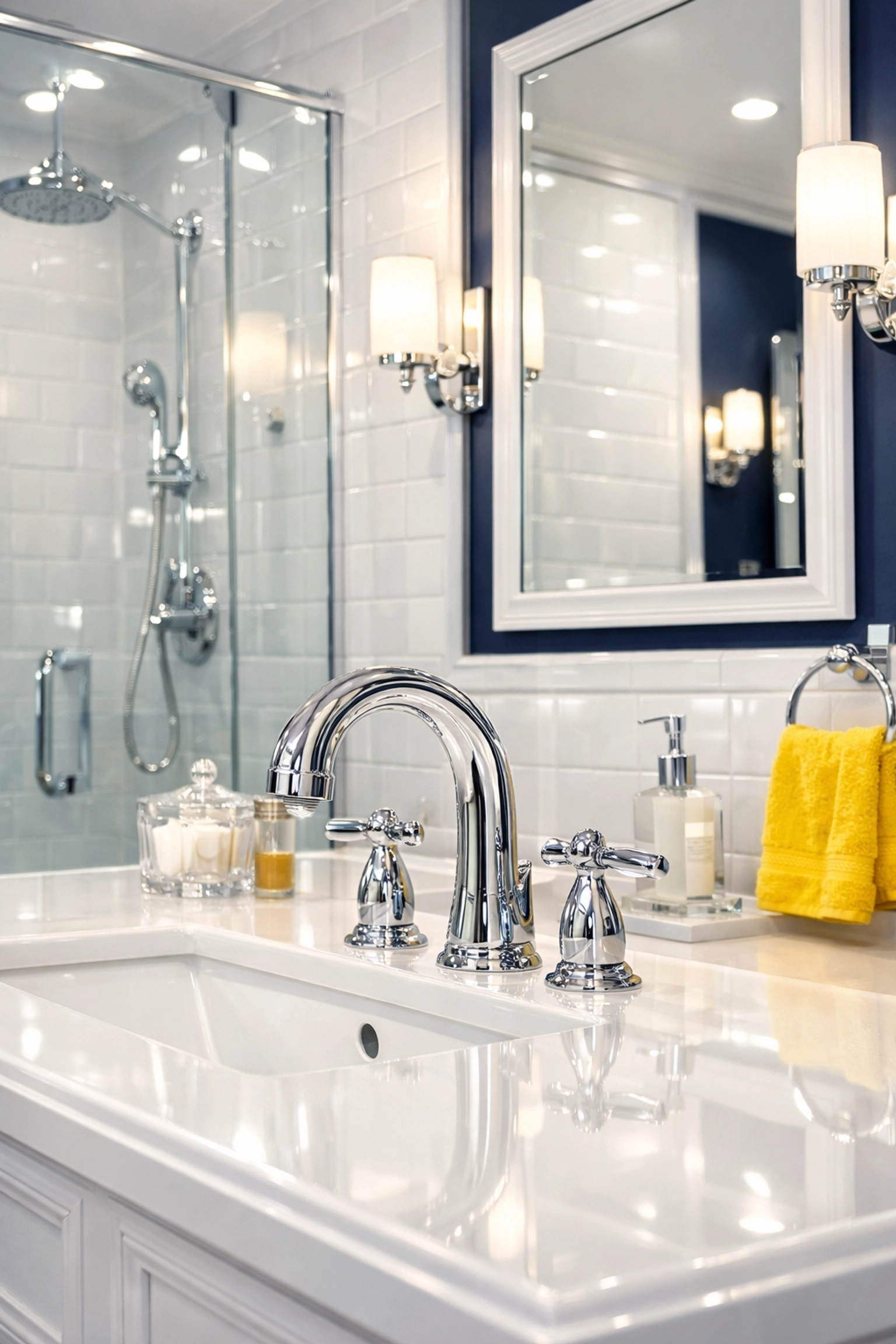 Sparkling clean master bathroom with glowing tiles from a professional weekly house cleaning in Southborough.