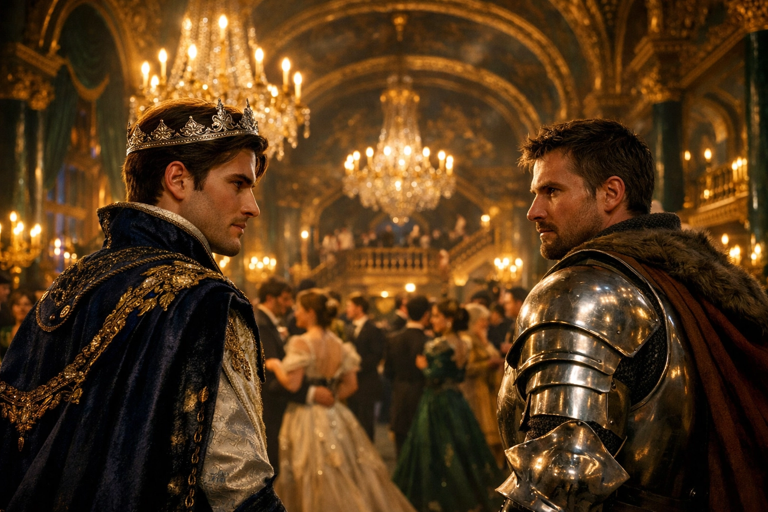 A prince and knight lock eyes in a royal ballroom, a core theme in historical mm romance novels.