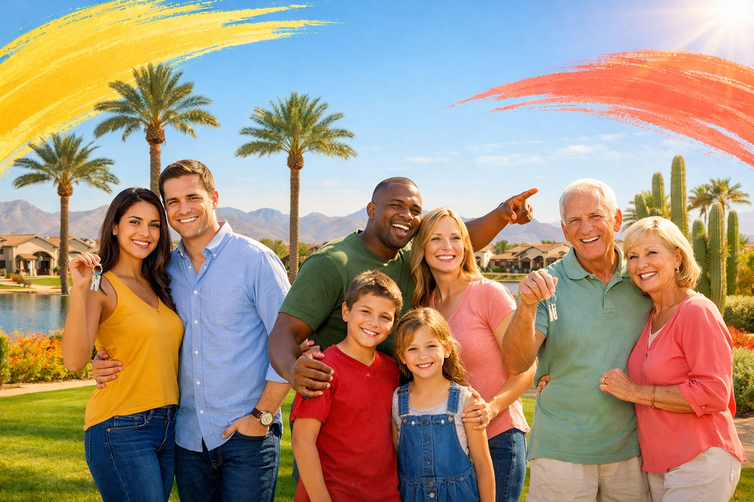 Diverse homebuyers holding keys in Surprise AZ West Valley community with mountain views