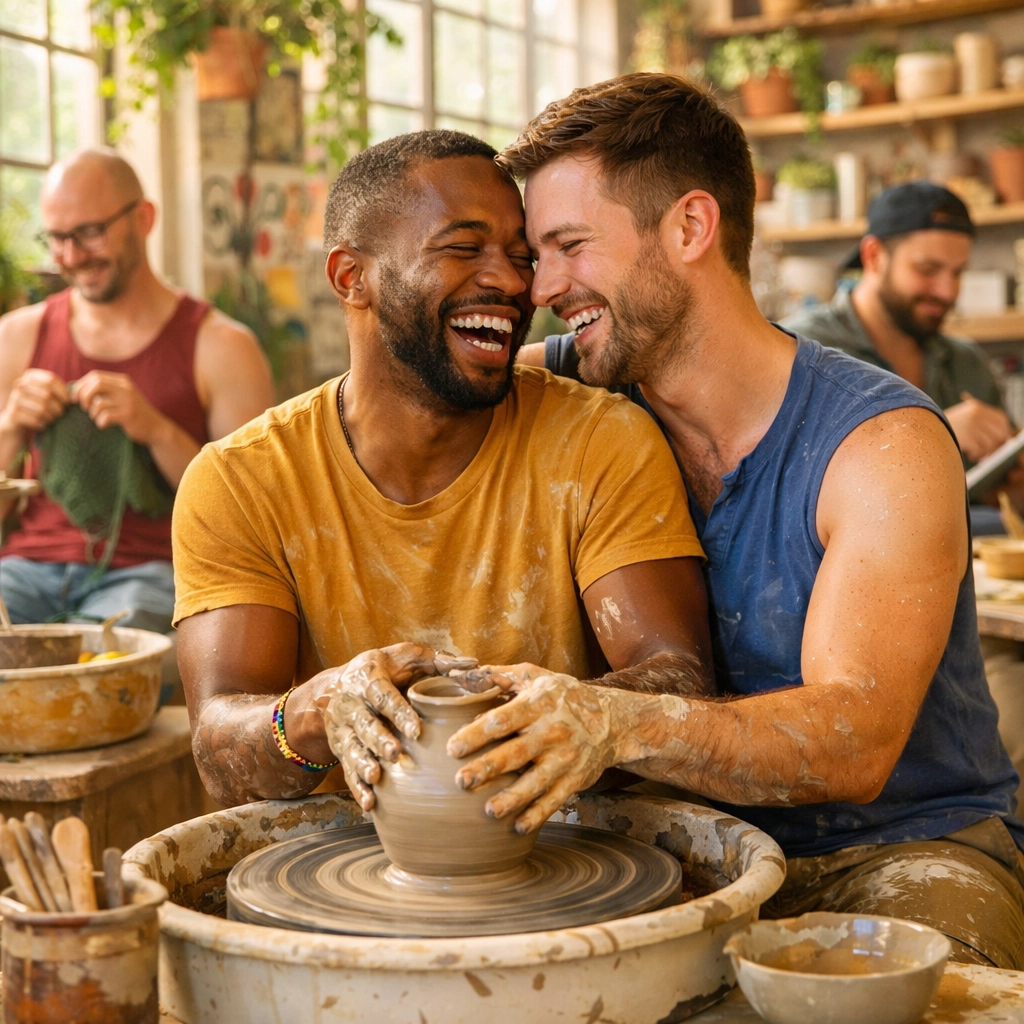 A gay couple practices pottery together in a bright studio, highlighting queer hobbies and joy.