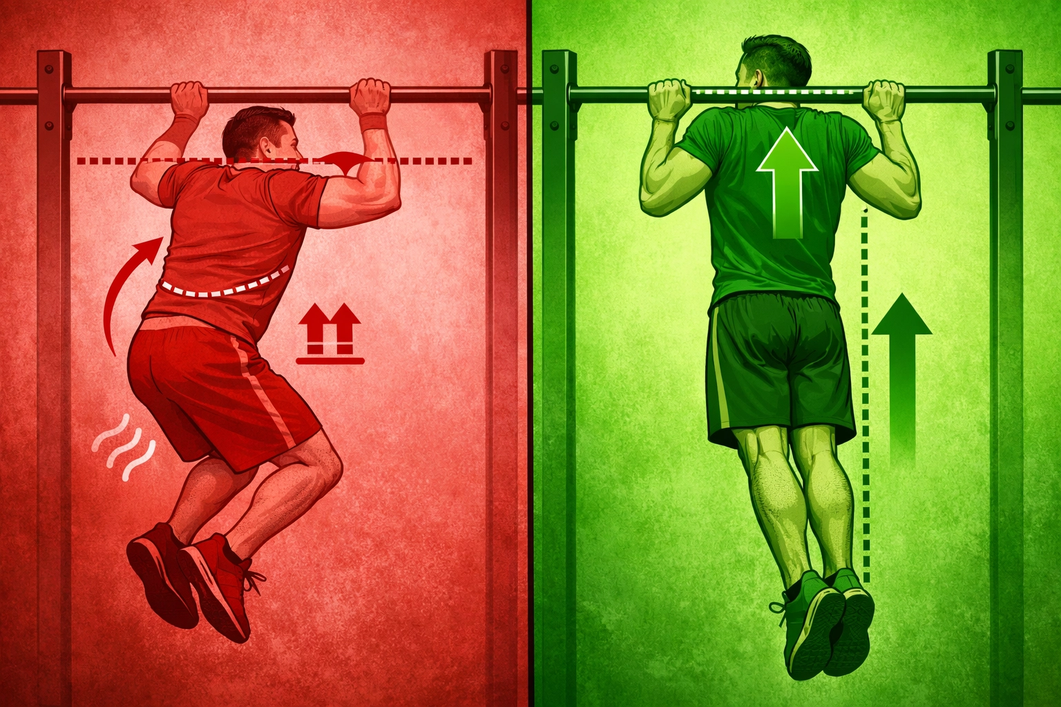 Side-by-side comparison showing incorrect vs correct pull-up form and range of motion