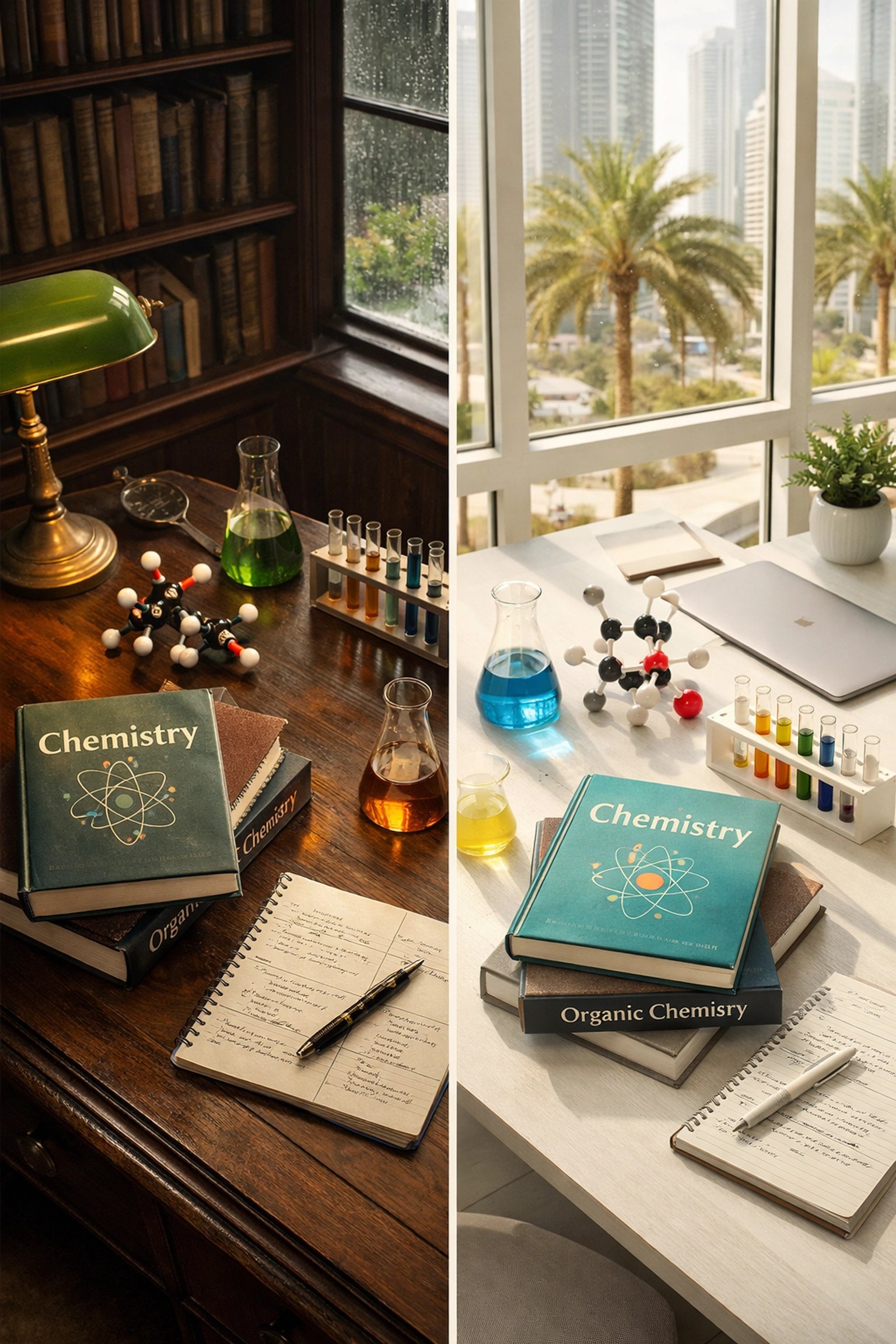 Split view comparing London and Dubai chemistry study environments with textbooks and lab equipment