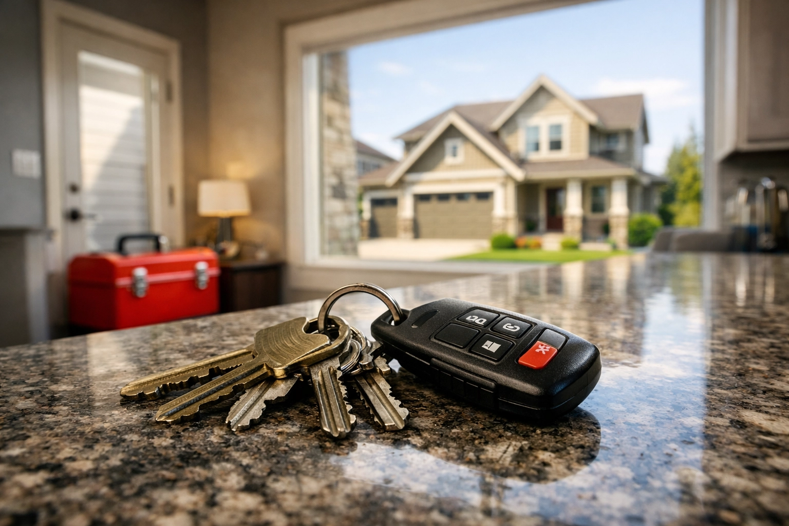 Fleet mechanic keys and a home key fob on a granite counter, symbolizing the path to a financial fortress.