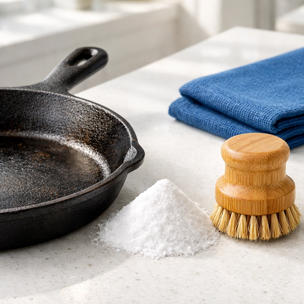 Eco-friendly cleaning with baking soda and a natural scrub brush for cast iron.