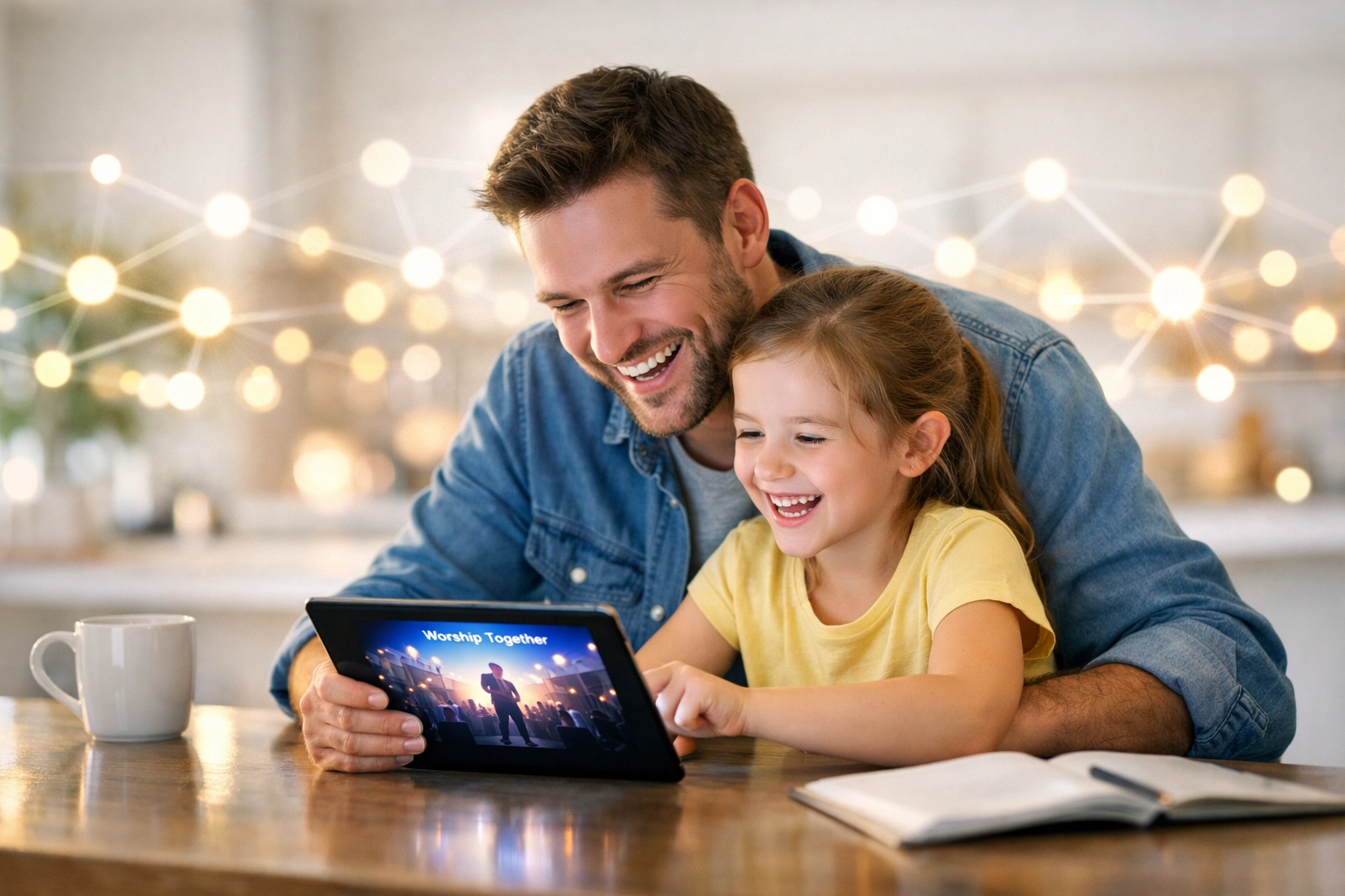 A father and daughter participating in digital worship and global community at Boundless Online Church.