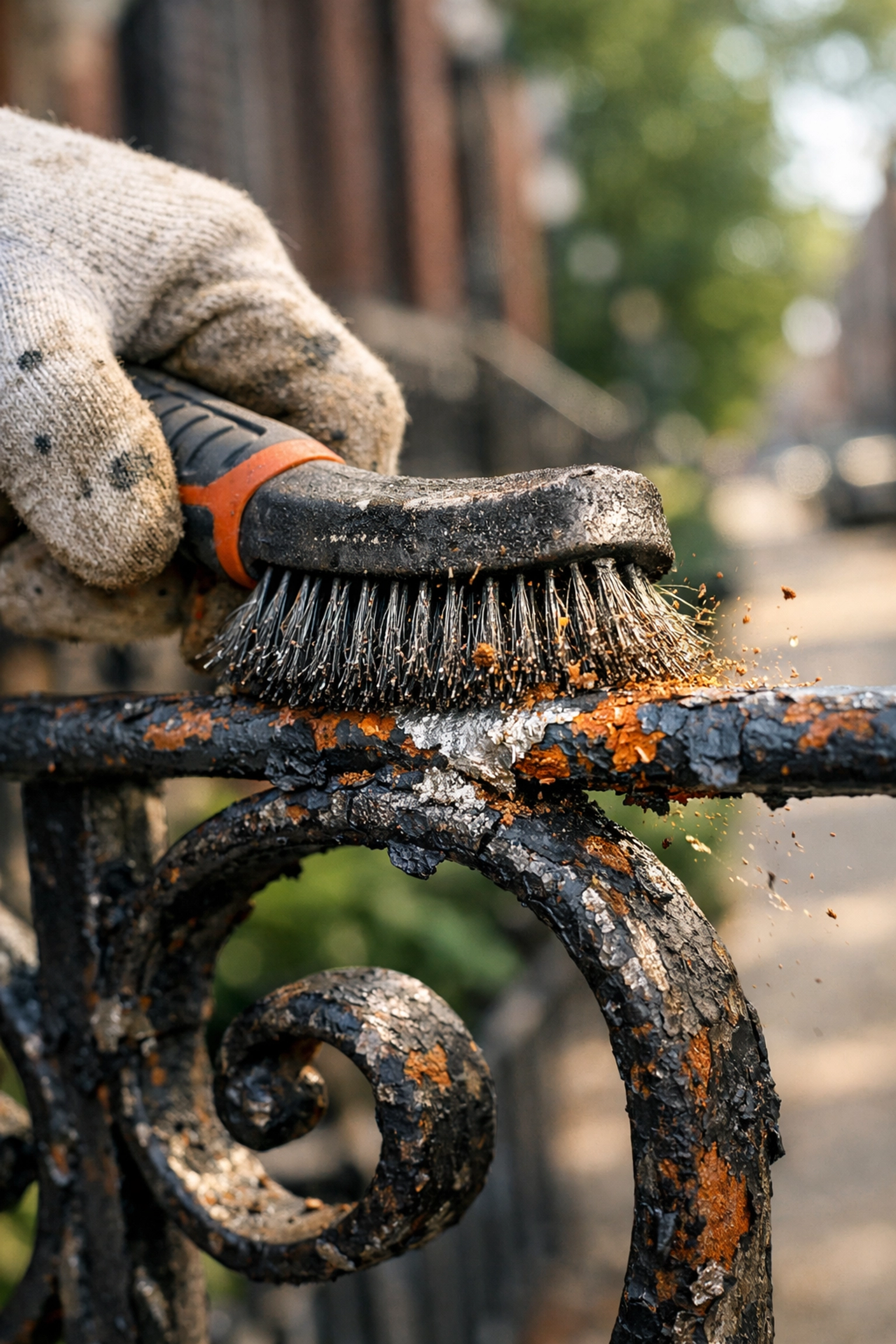 Professional wrought iron prep and rust removal on a Chicago home railing.