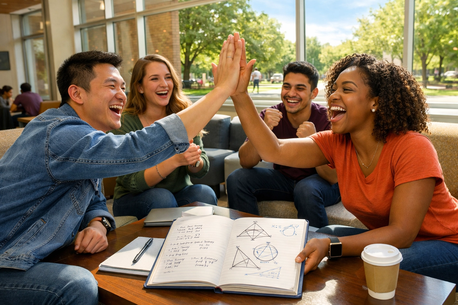 Diverse students celebrating successful math problem solving while refining their SAT study skills.