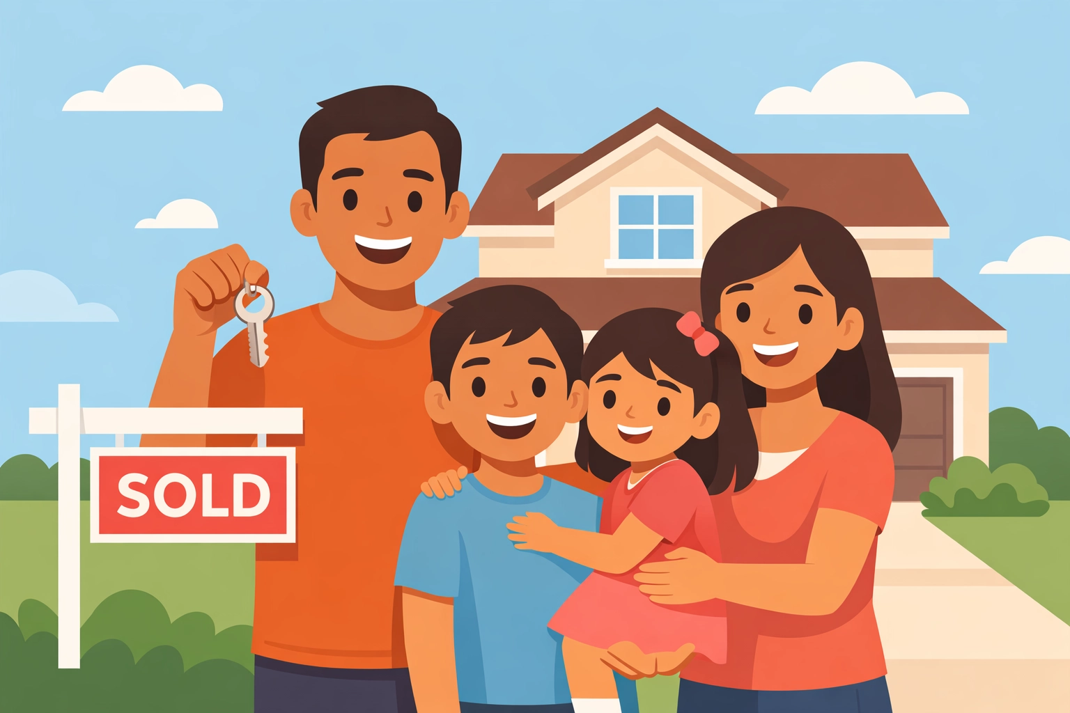 Familia latina feliz con llaves frente a casa vendida - proceso de compra exitoso