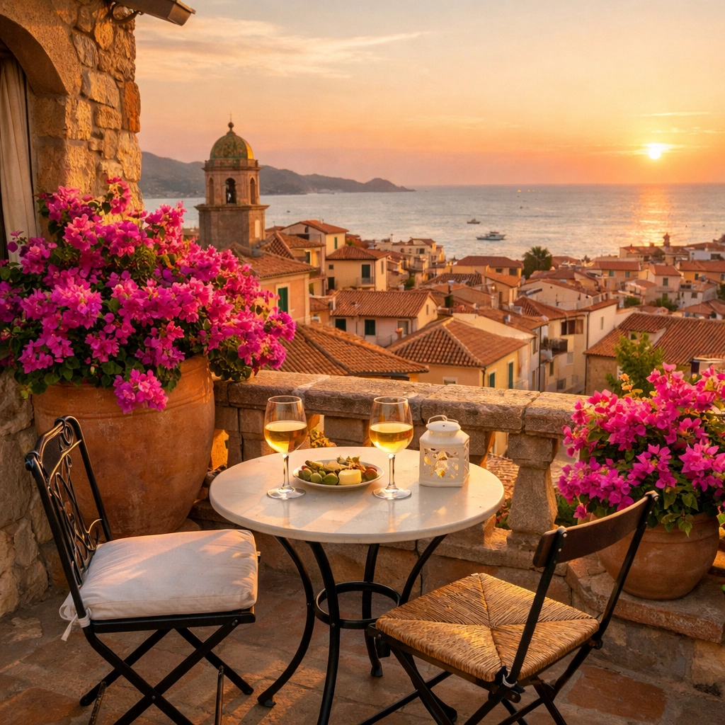 Sardinian holiday apartment balcony overlooking coastal town with Mediterranean Sea views