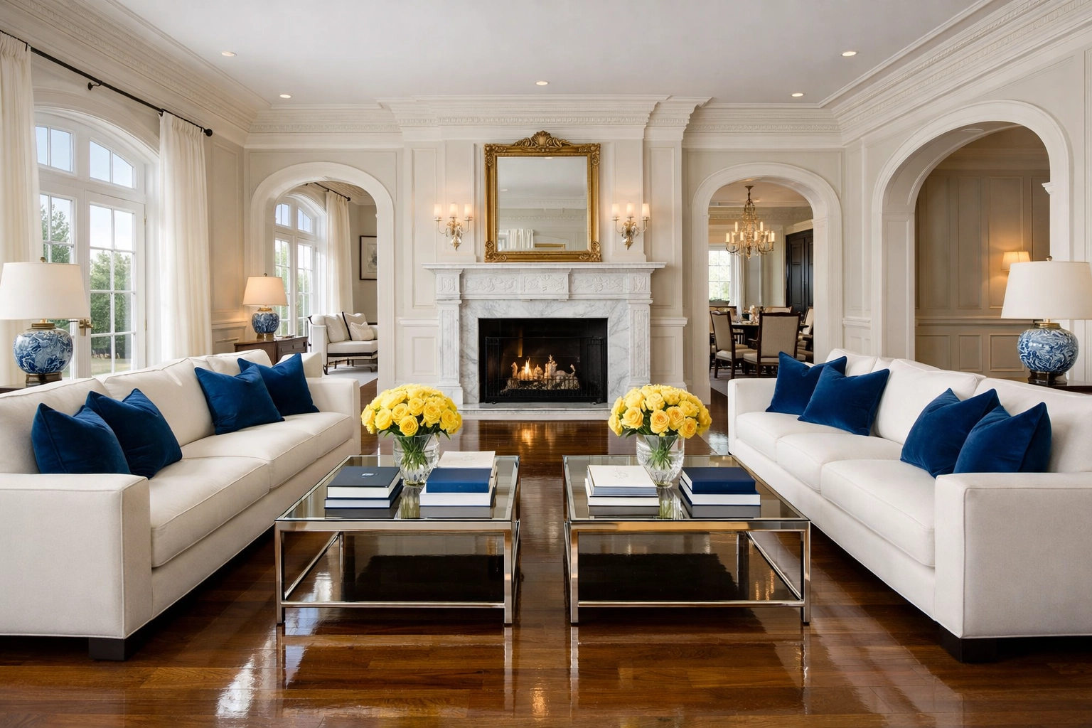 A spotless and organized luxury living room in a Westwood home showcasing professional estate cleaning results.