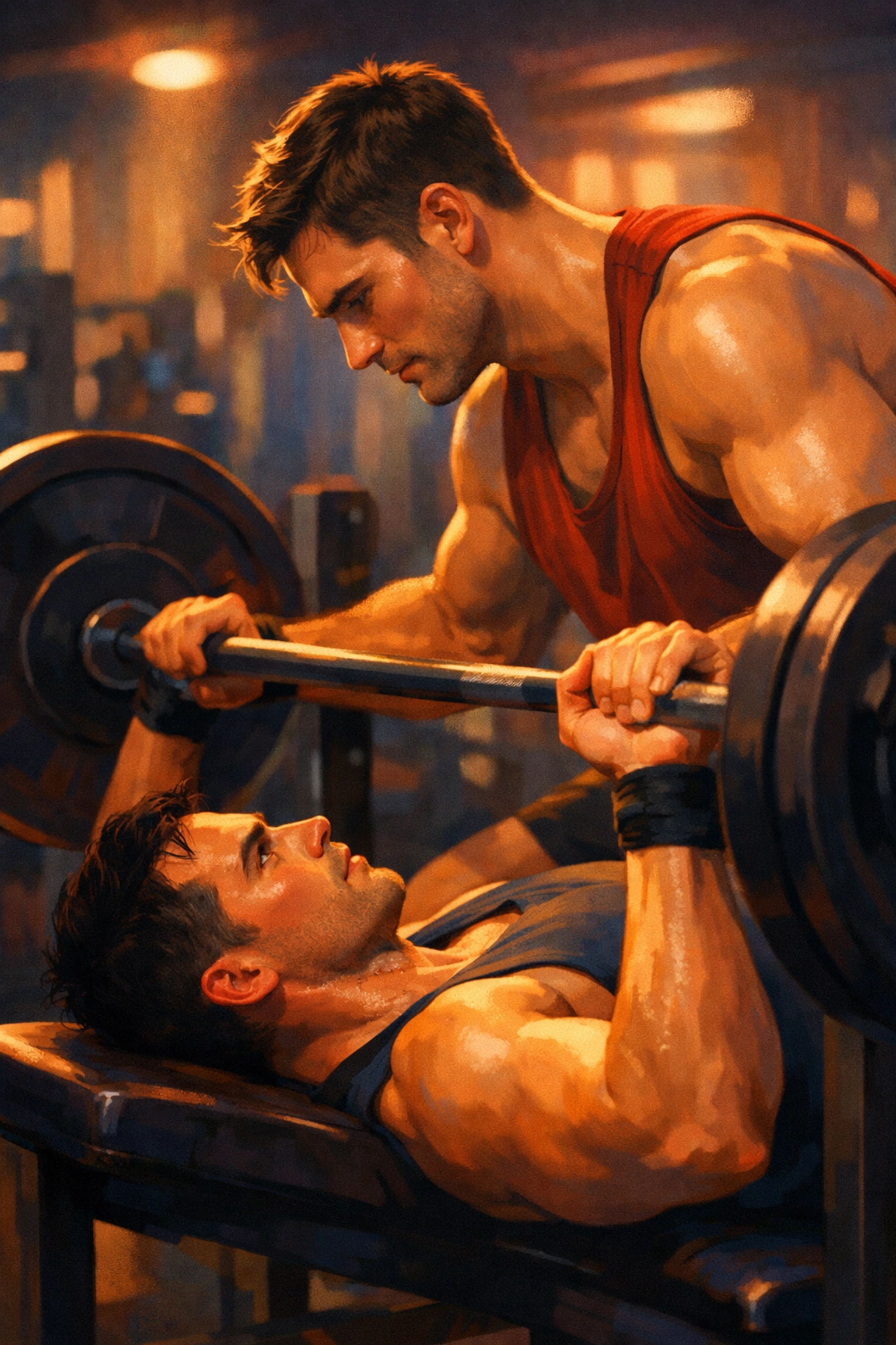 Two men spotting each other during bench press workout showing slow burn gym connection