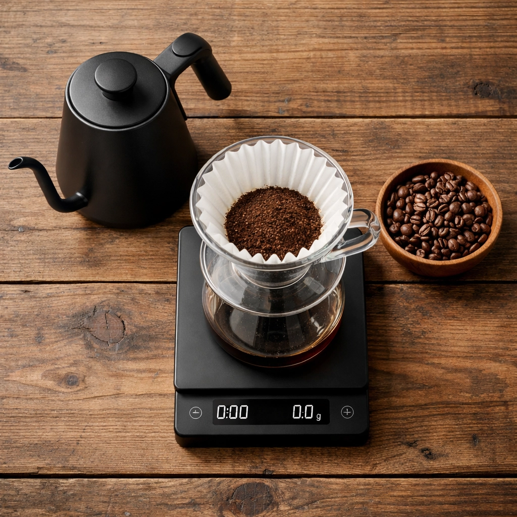 Top-down view of a precision speciality coffee brewing station with fresh roasted beans and scale.