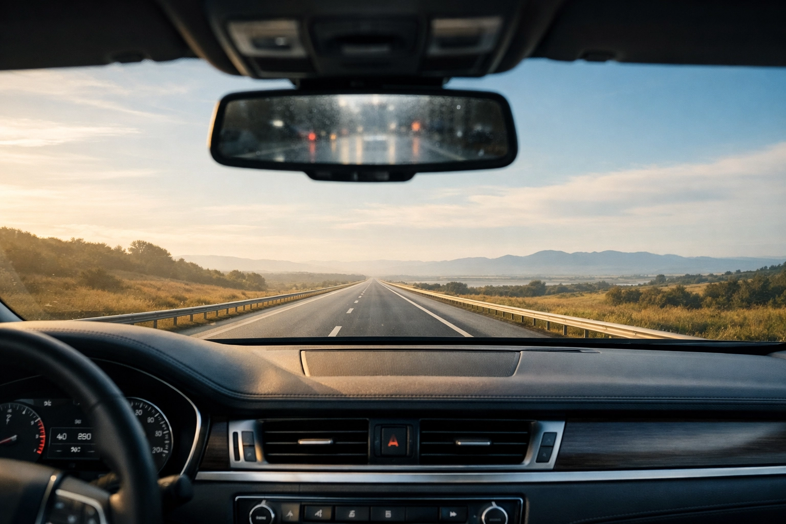 View through a car windshield at an open road symbolizing forward-looking financial strategy and business growth.