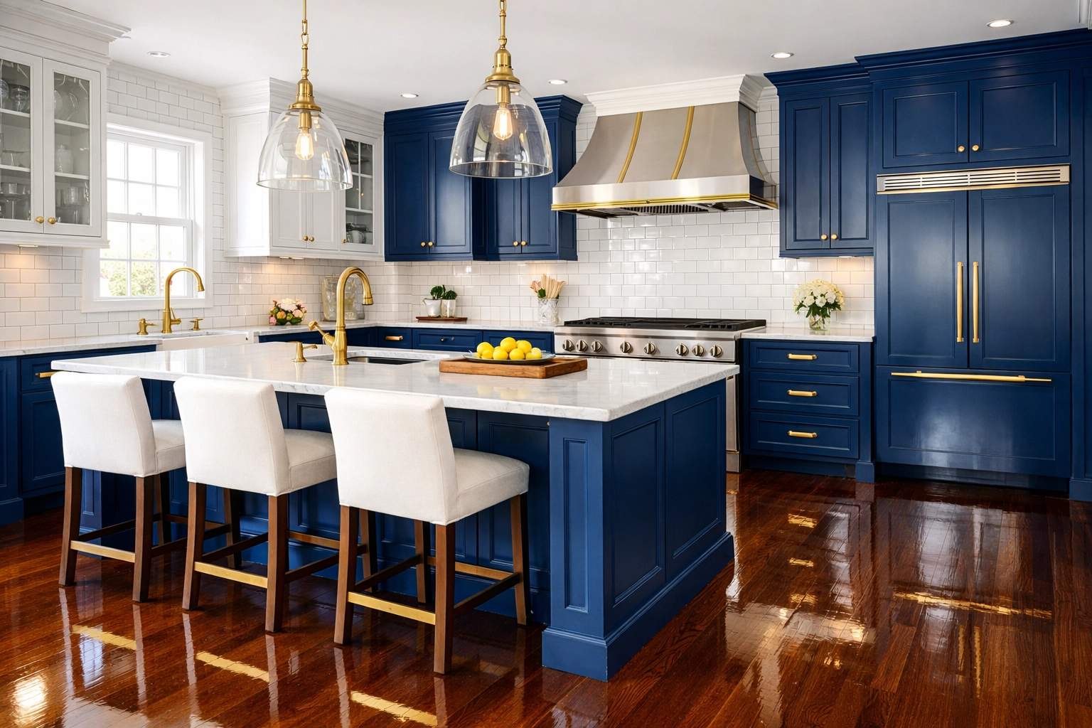 High-end Massachusetts kitchen with polished floors and blue cabinets cleaned without harsh chemicals.