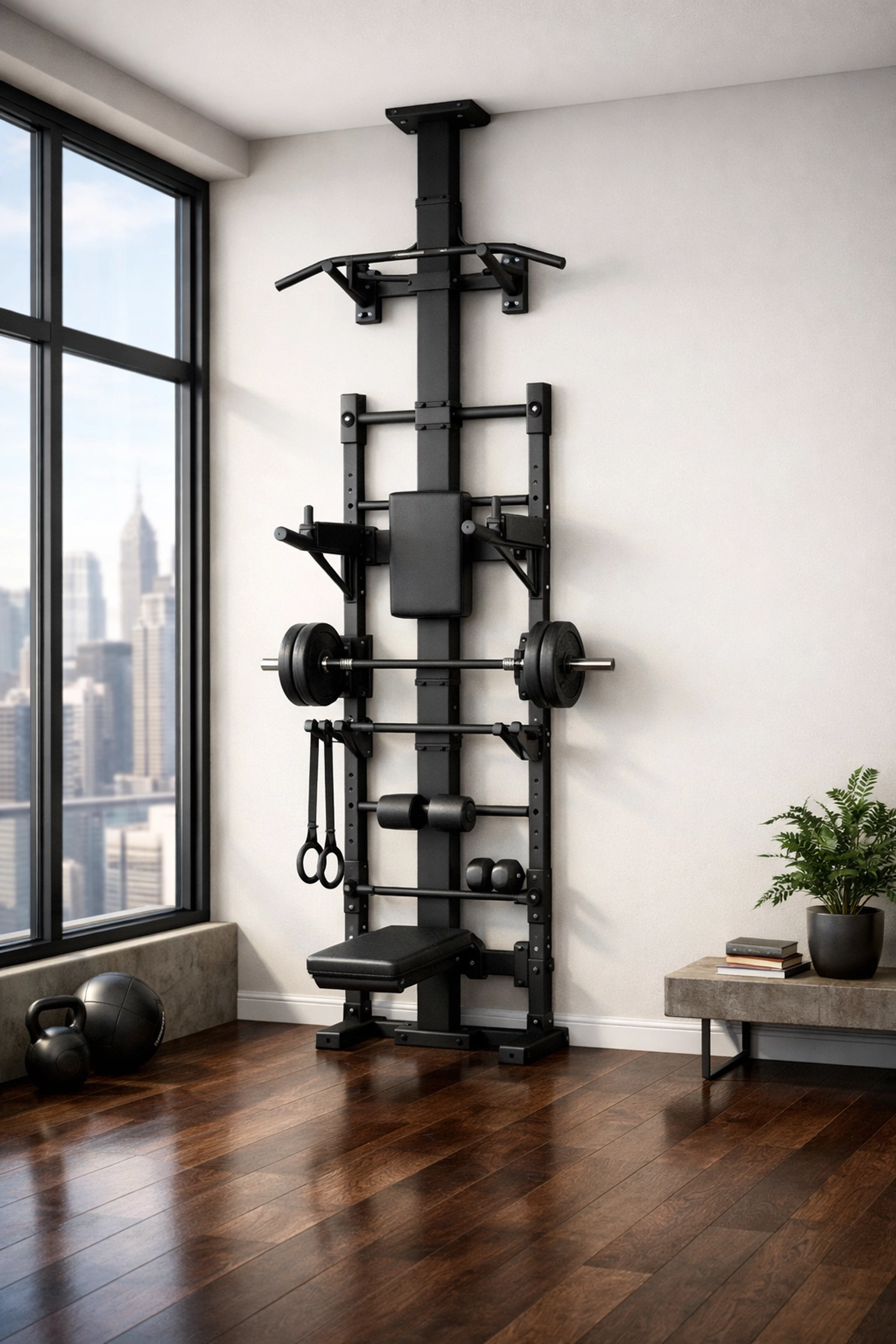 Sleek floor to ceiling gym system for full body workouts at home without wall damage.