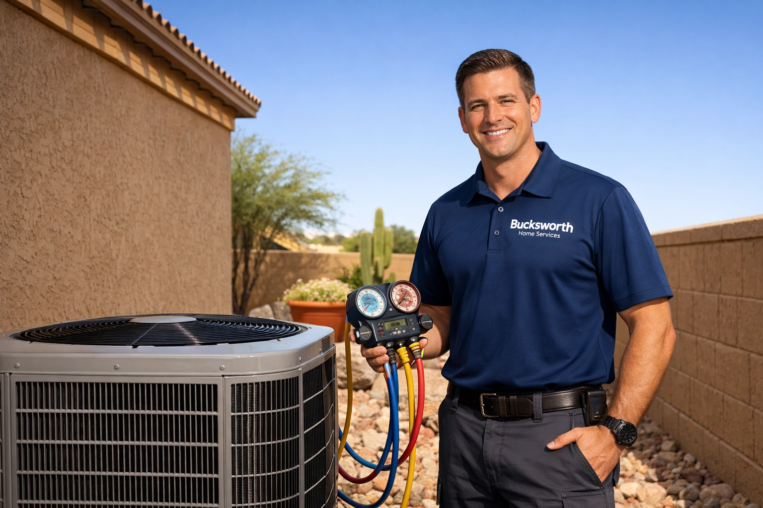 Bucksworth technician performing a professional AC repair inspection on a residential unit in Chandler, AZ.