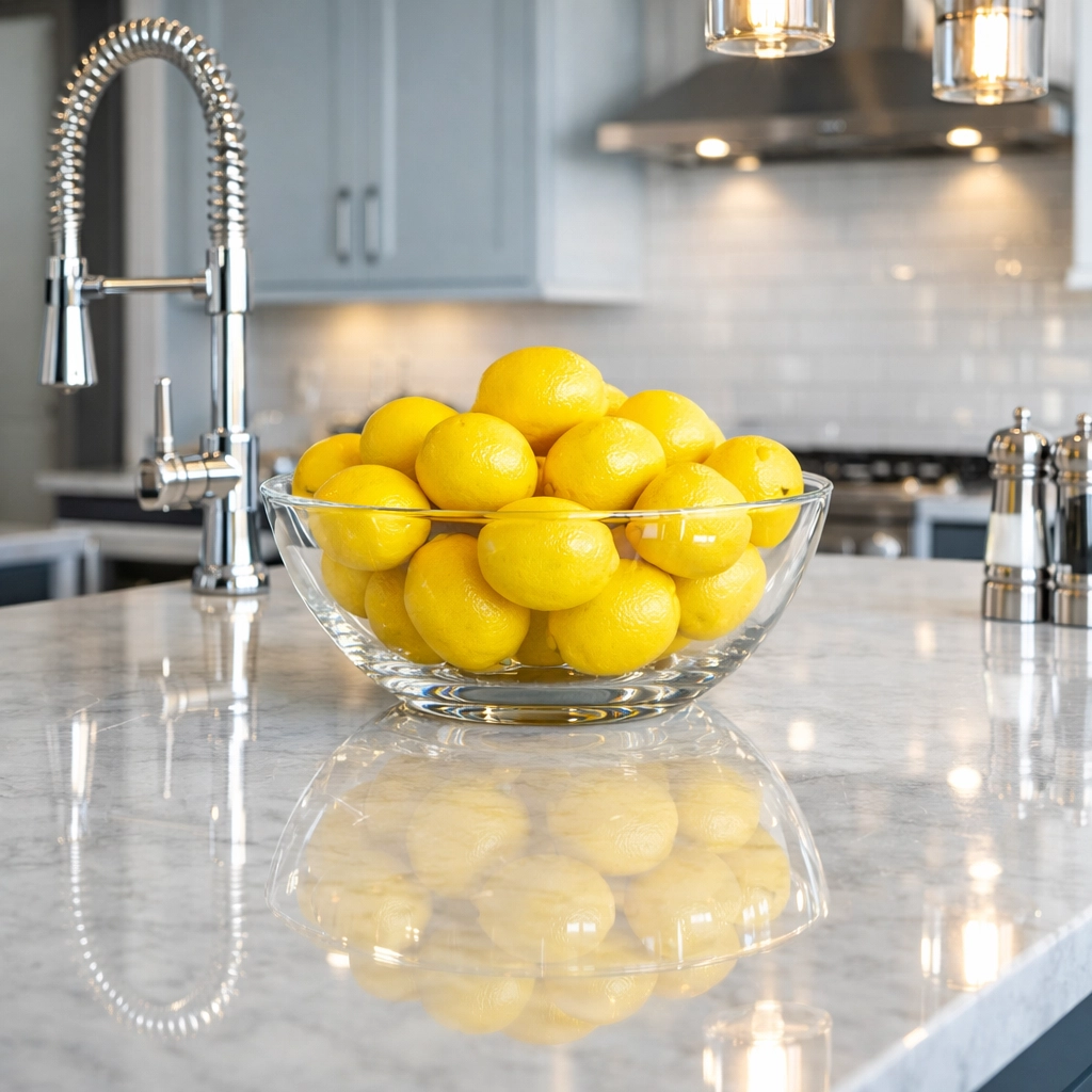 Professional kitchen deep cleaning on a marble island in Wenham, MA residential property.